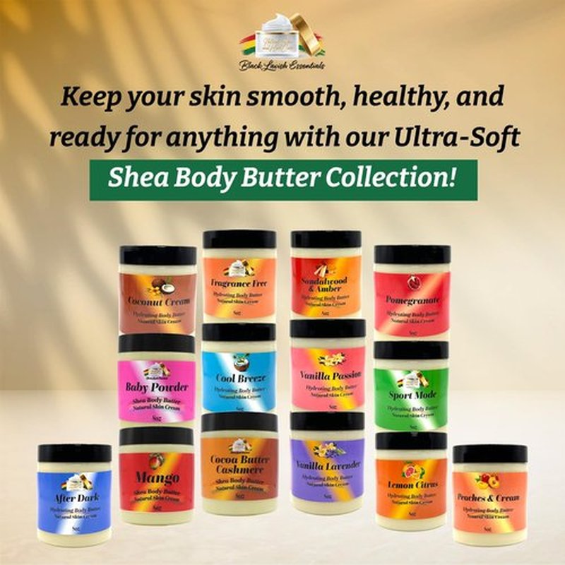 Black Lavish Essentials Ultra-Soft Shea Body Butter, Dry Skin Cream for Radiant Moisturized Skin, Natural Hydrating Body Lotion with Aloe Vera, Argan Oil, Rosehip Oil, (Sport Mode, 8oz)