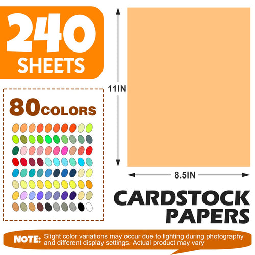 240 Sheets 8.5" X 11" Colored Cardstock, 80 Assorted Colors 180 GSM/65 LB Construction Paper Card Stock Printer Paper for Printing, Card Making, DIY Crafts, Kids School Supplies,Party Decorations