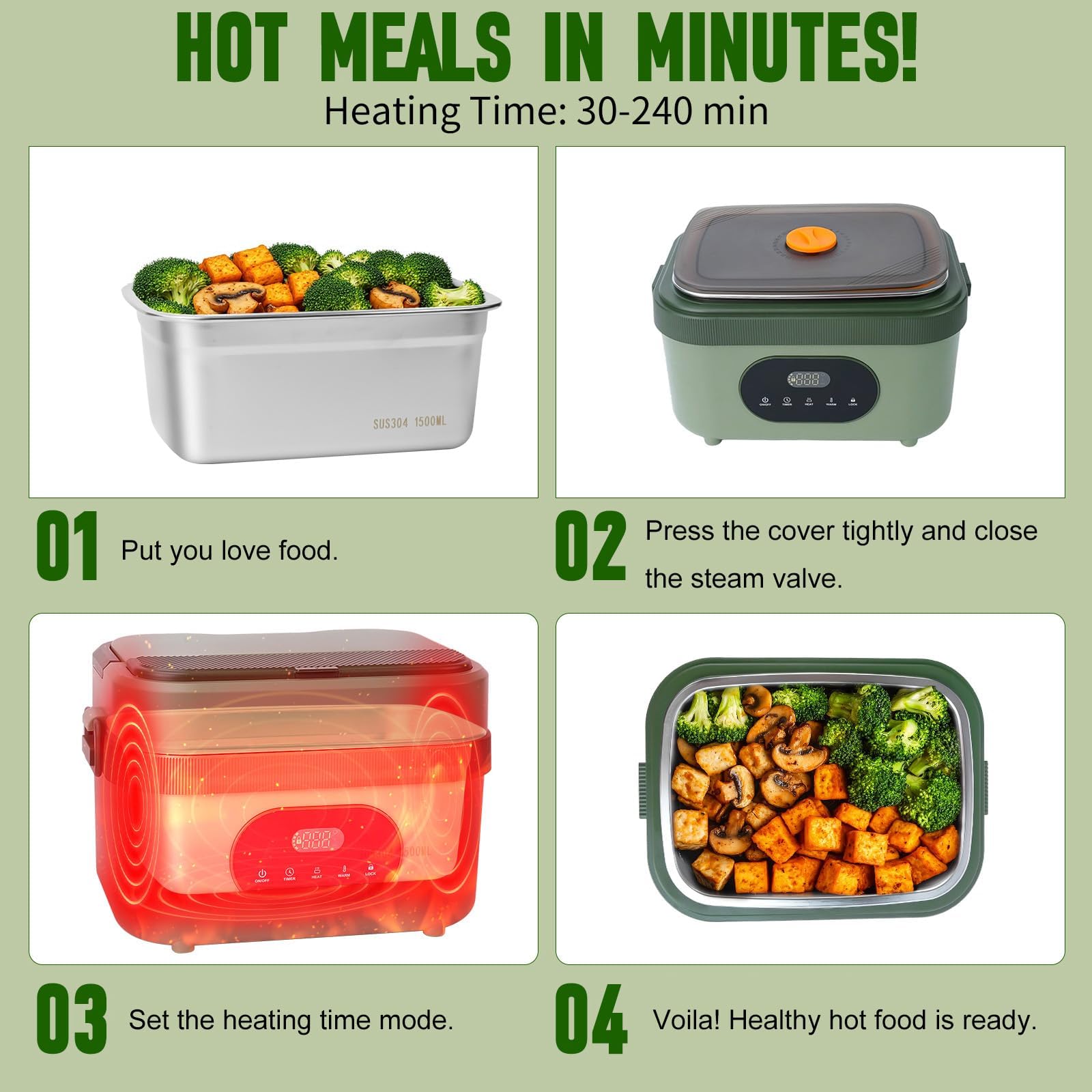 MDHAND Heated Lunch Box for Men - 18000mAh Battery Powered Cordless Electric Lunch Box for Adults Worker, Commuters, Drivers, 5 Side Self-Heating, Scheduled Heating & 6.3 Cups Container
