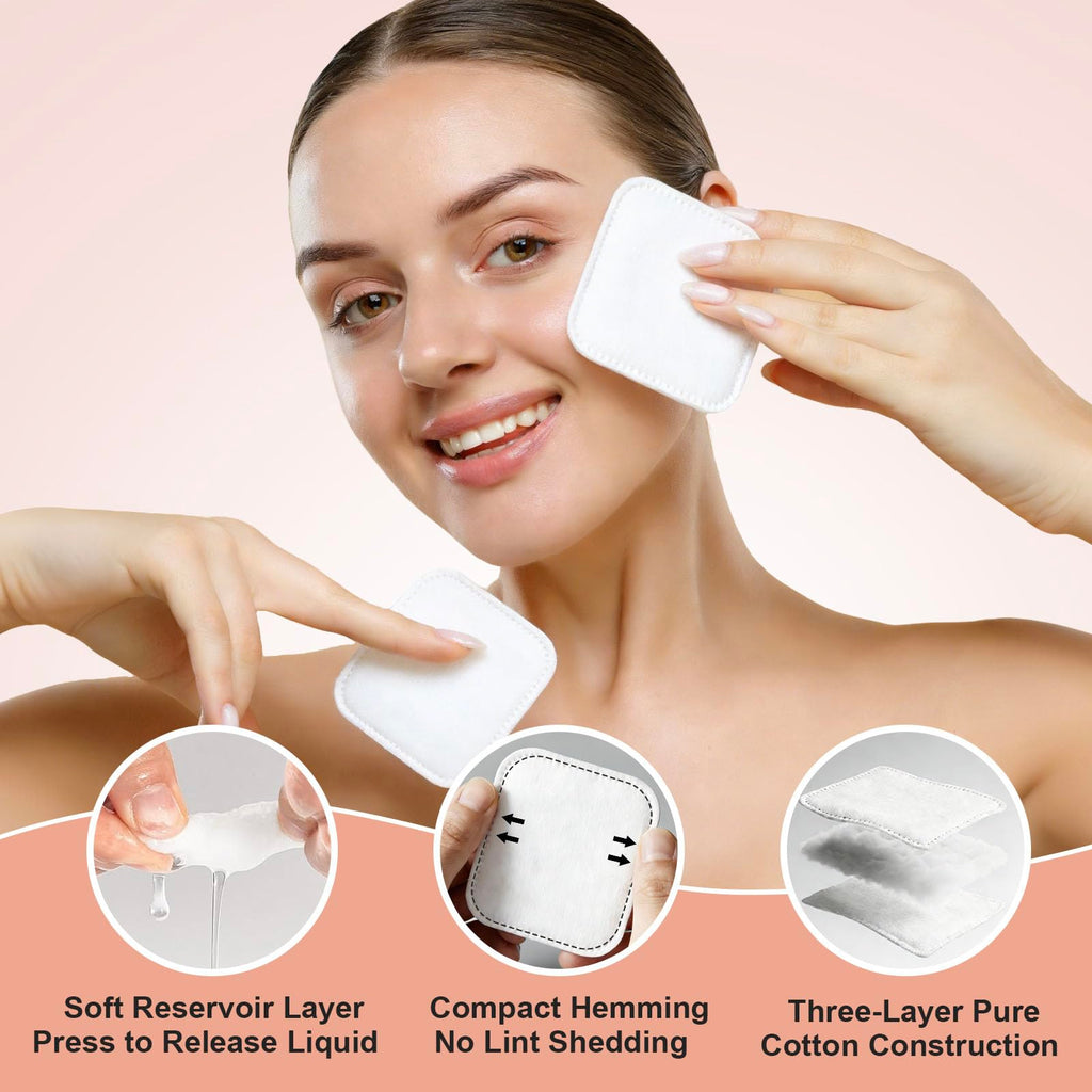 Large Cotton Pads for Face 300 Count, Makeup Remover Pads for Sensitive Skin Soft & Lint-Free Ultra-Absorbent Hypoallergenic Cotton Rounds for Face, Unique Three-Layer Upgraded Edge Stitching