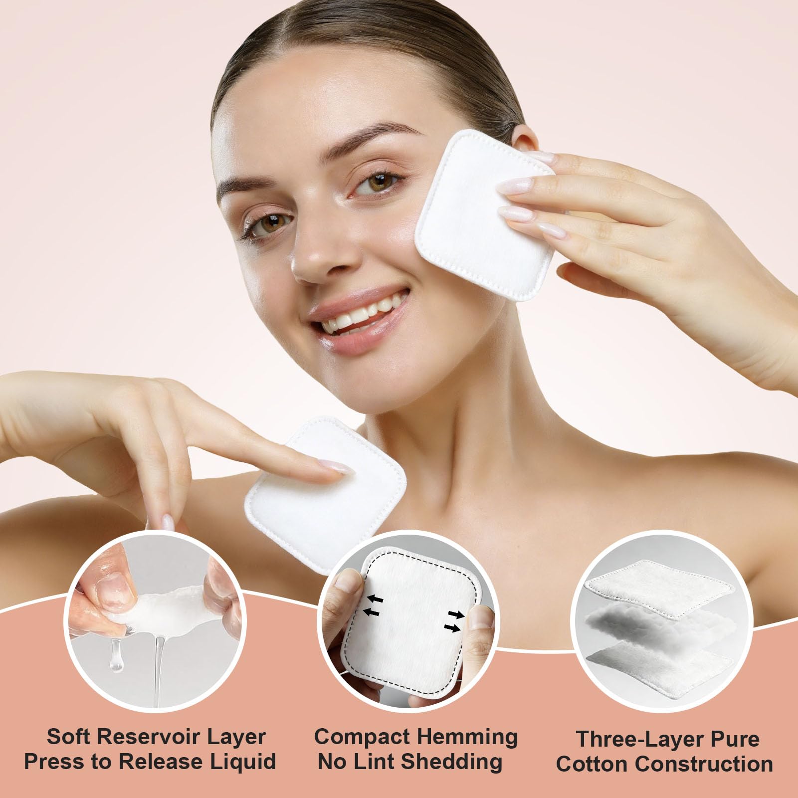 Large Cotton Pads for Face 300 Count, Makeup Remover Pads for Sensitive Skin Soft & Lint-Free Ultra-Absorbent Hypoallergenic Cotton Rounds for Face, Unique Three-Layer Upgraded Edge Stitching