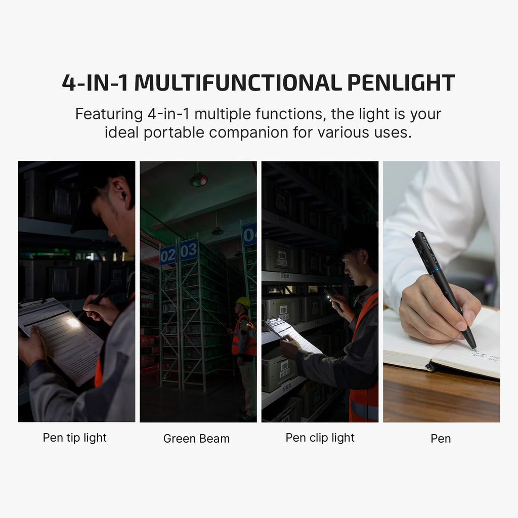 OLIGHT O'Pen 3 EDC Pen Light, 120 Lumens LED Flashlight with Green Beam, 4-in-1 Bolt Action Pen with Nib & Clip Light, USB-C Rechargeable for Writing, Presentation, Inspection and Outdoor (Black)