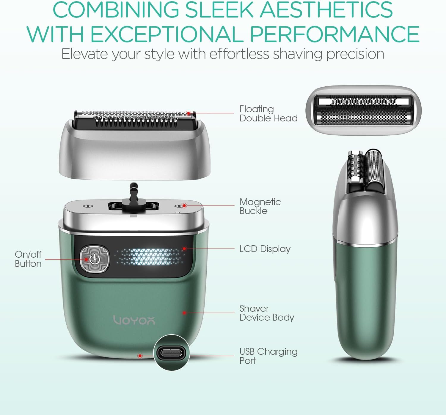 VOYOR Foil Shaver - 2 in 1 Portable Electric Razor for Men | Rechargeable & IPX6 Washable ER300 (Green)