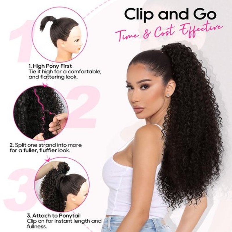 REECHO Ponytail Extension - 26" Long Curly 2-in-1 Claw Clip & Drawstring Ponytail Hair Extensions 100% Super Protein Pony Tail Hairpieces for Women - Jet Black