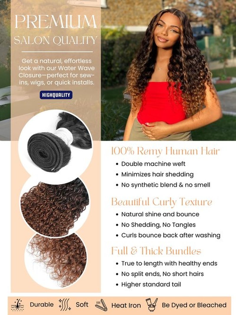 Anmetan 12A Ombre Human Hair Bundles Water Wave, Chestnut Ombre Brown 100% Remy Human Hair Curly 3 Bundle Wet and Wavy Thick 3 Tone Colored #T1B/2/30 Dark Roots Keep Soft After Washes 10 12 14 Inch