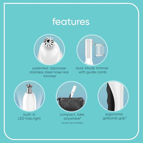 Conair GIRLBOMB Nose Hair Trimmer - Battery-Operated Face Hair Removal for Women | 360° Beveled Blade & LED Light