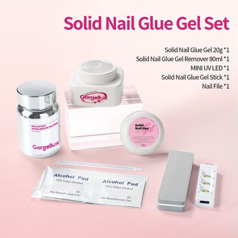 Gorgellux 20g Solid Nail Glue Gel with 60 ML Nail Glue Remover for Press On Nails Kit, MINI UV lamp, Nails Tools, Long-Lasting Strong Adhesion, for Nail Art DIY