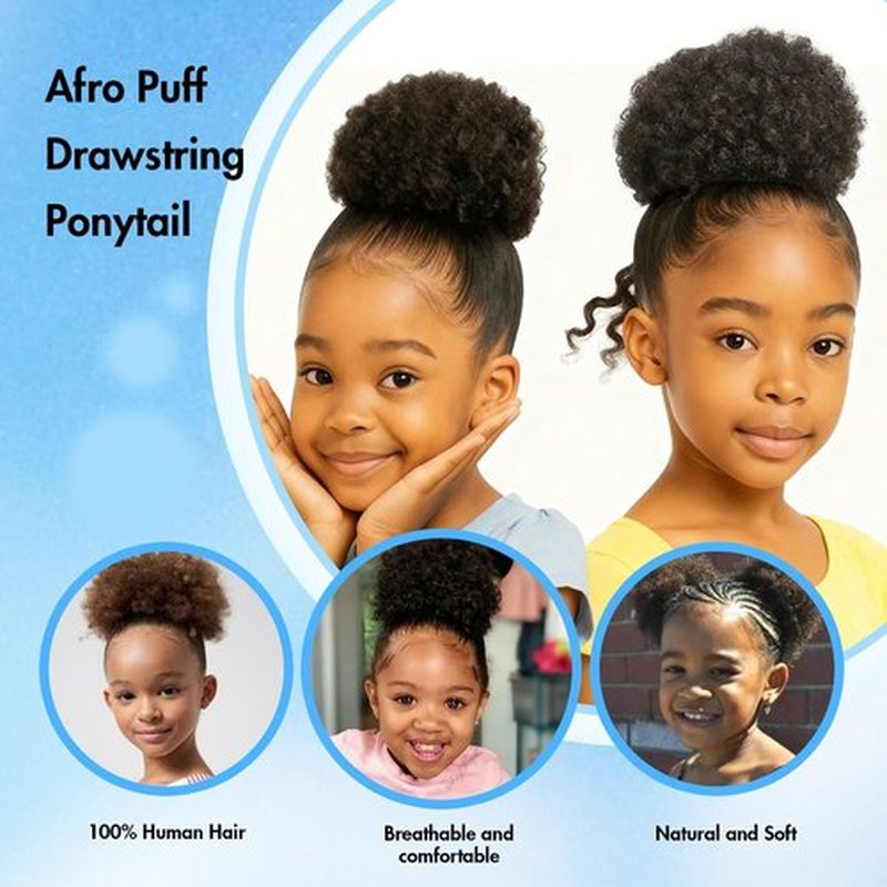 Afro Puff Human Hair Drawstring Ponytail for Black Women,Kids ,Girls,4 Inch Curly with 3 Clibs 1# Natural Black 100% Remy Human Hair Extensions Breathable Smooth Easy to Wear Hairpieces(1B# 4inch)