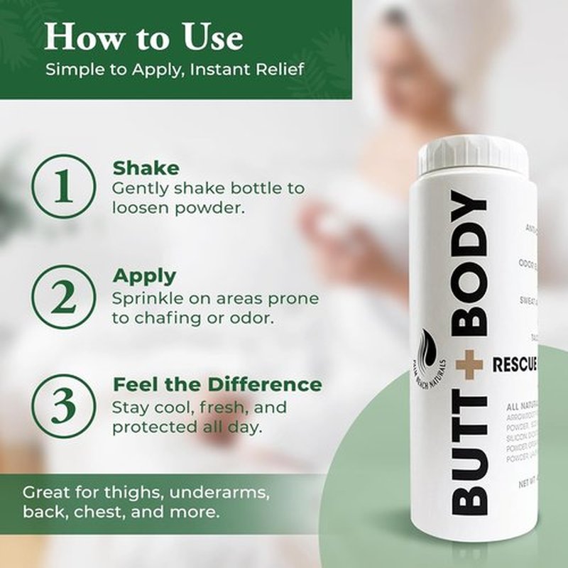 Palm Beach Naturals Butt & Body Rescue Powder | Talc-Free Whole Body Deodorant for Men & Women – Absorbs Sweat, Controls Odor & Chafing – 4oz
