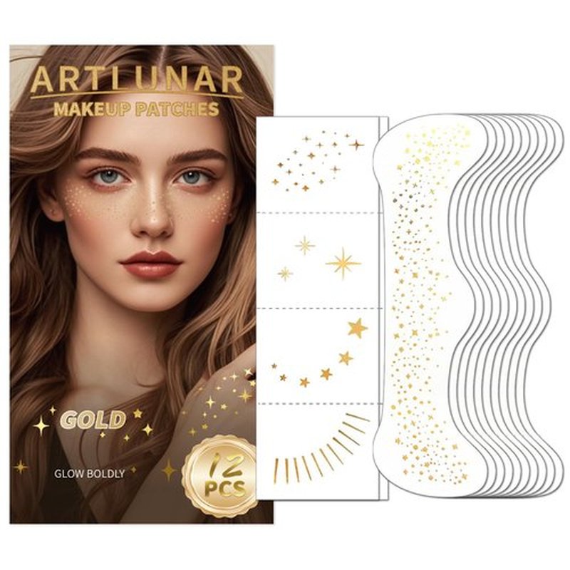 Artlunar 12Pcs Face Glitter Makeup Patches, Glitter Makeup Accessories for Women & Girls, Perfect for Music Festivals, Easter, Concerts, Parties, Halloween & Christmas.(Gold)