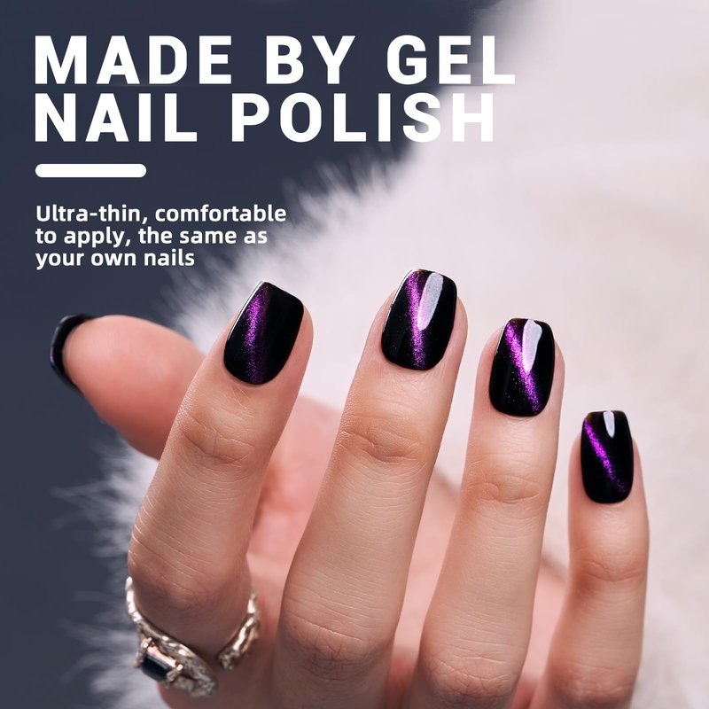 Wooyas Cat Eye Press on Nails, 9D Glitter Black Square Handmade Short Fake Nails with Purple Glitter Design, Glossy Salon Perfect Magnetic Gel Nails in 12 Sizes - 24 Pcs Nails Kit for Woman