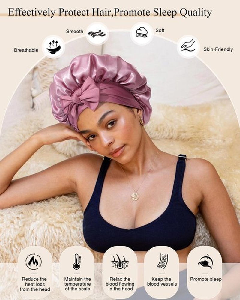 2 PCS Satin Bonnet Hair Bonnet for Sleeping Women Satin Hair Wrap with Elastic Tie Band Sleep Night Cap for Curly Hair (Bean Paste+Pink)