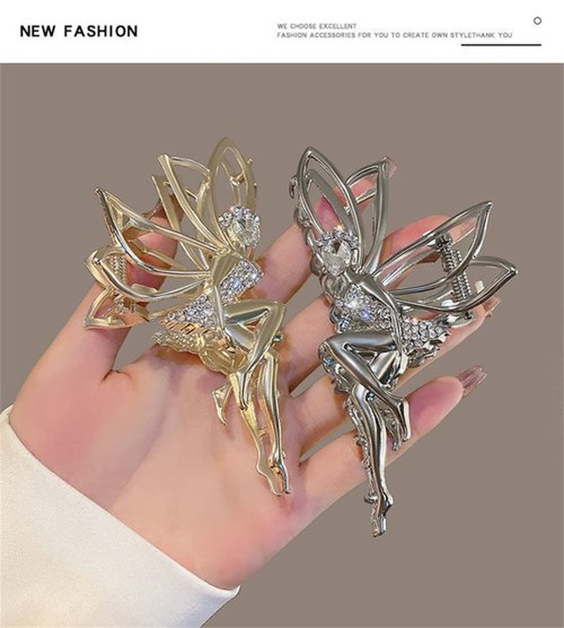 2 Pcs Cute Hair Claw Fairy Girl Rhinestone Hair Clip Big Hair Jaw Clip Nonslip Hair Clamp Hair Accessories Sliver&Gold