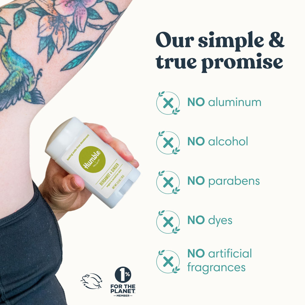Humble Aluminum-Free Deodorant for Women & Men, Bergamot & Ginger - Baking Soda-Free Natural Deodorant Stick for Sensitive Skin with Essential Oils for Long-Lasting Odor Control, 2.5 Oz
