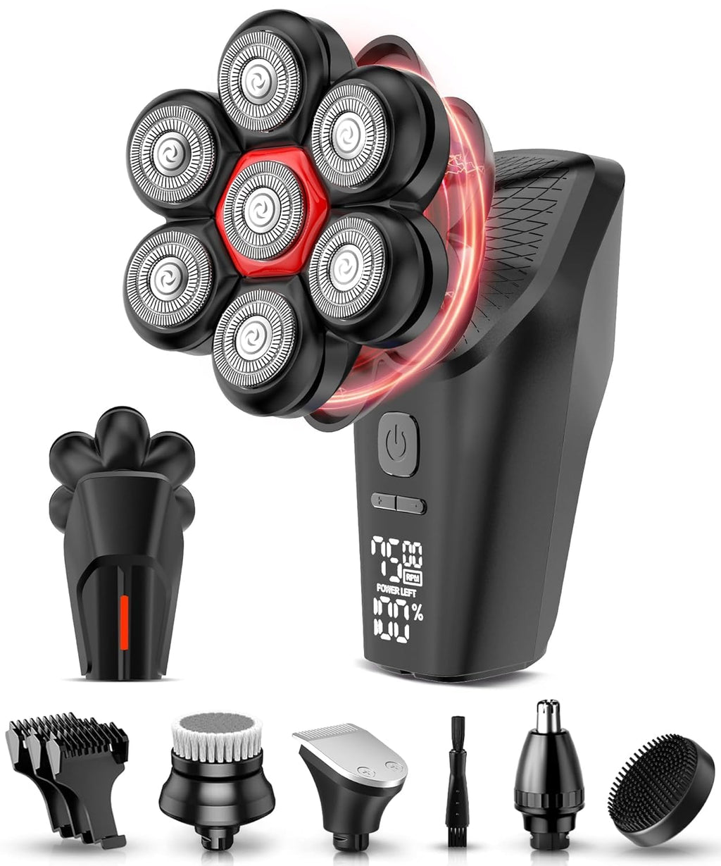 Head Shavers for Bald Men, Magnetic 7D Electric Razor IPX8 Waterproof for Bald Men, Wet/Dry LED Display Rechargeable Rotary Shaver 5 in 1 Grooming Kit with USB-C Charge