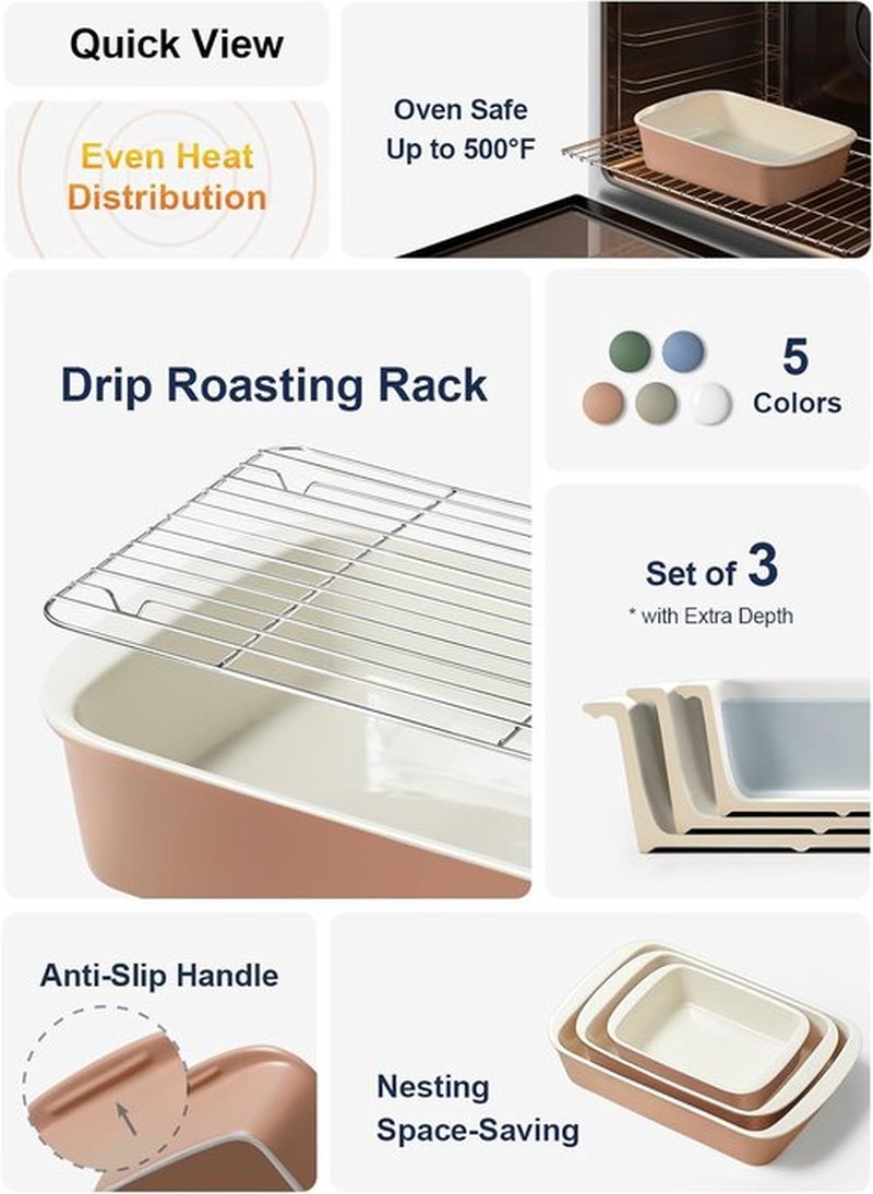 LE TAUCI Deep Casserole Dishes Set - 3-Piece Ceramic Baking Dish with Handles | Large Lasagna Pans in Dusty Pink (4.6QT/3.0QT/1.6QT)