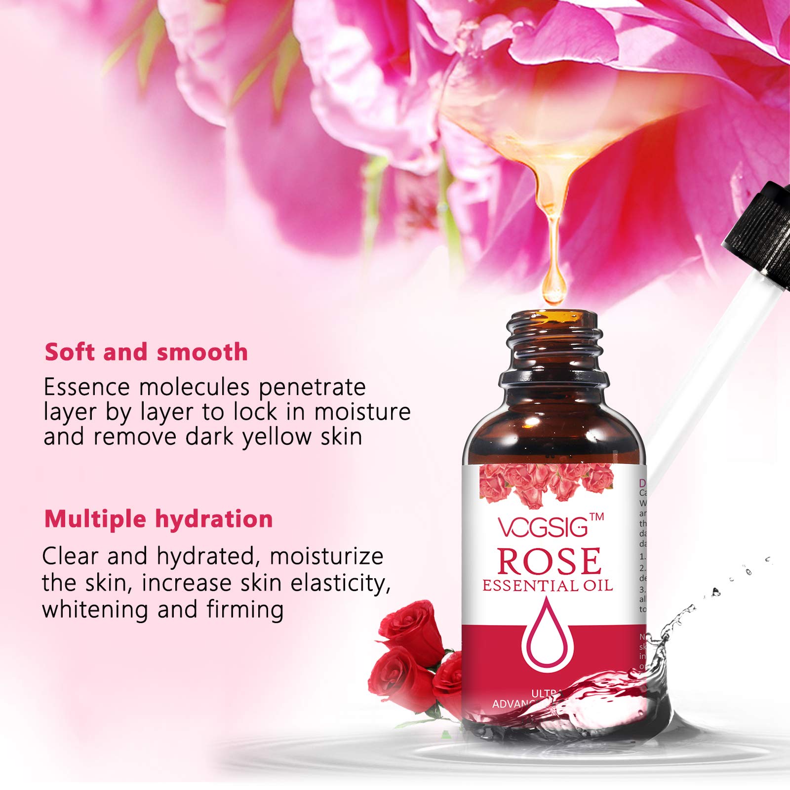 VOGSIG Rose Essential Oil 30ml - Aromatherapy, Skin Moisturizing, Anti-Aging, Reduce Pigmentation, Quickly Absorbed