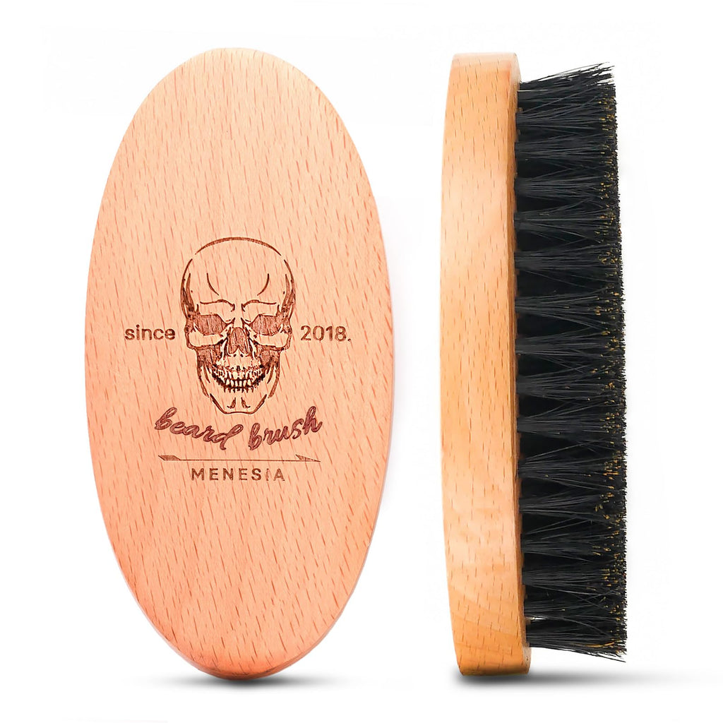 Menesia Boar Bristle Hair Beard Brush for Men, Pocket Travel Men's Wooden Small Soft Beard Brush (Skull)