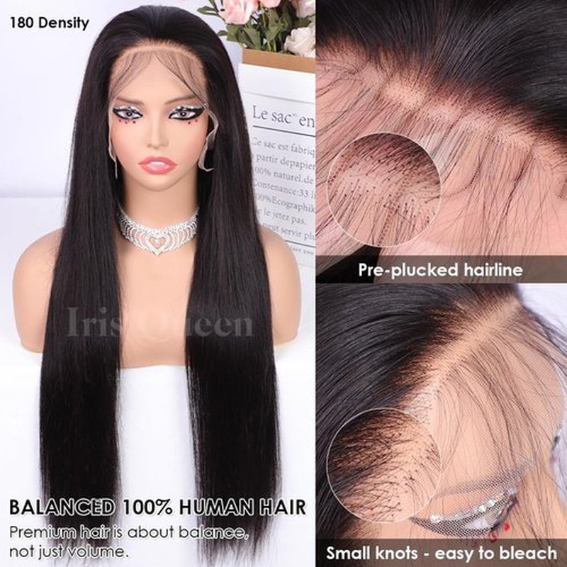 Iris Queen 13x4 HD Straight Lace Front Wigs Human Hair Pre Plucked 12A 180 Density Brazilian Transparent Lace Frontal Wig for Black Women with Baby Hair Natural Black Color (20 inch)