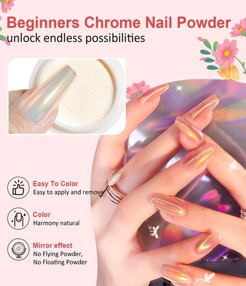 Pearl Chrome Nail Powder BISHENGYF -【Fairy Effect】 Pink Chrome Nail Powder Aurora Mermaid Iridescent White Pearl Clear Nail Chrome Powder, Metallic Mirror Pigment Glitter Dust for Manicure Decoration