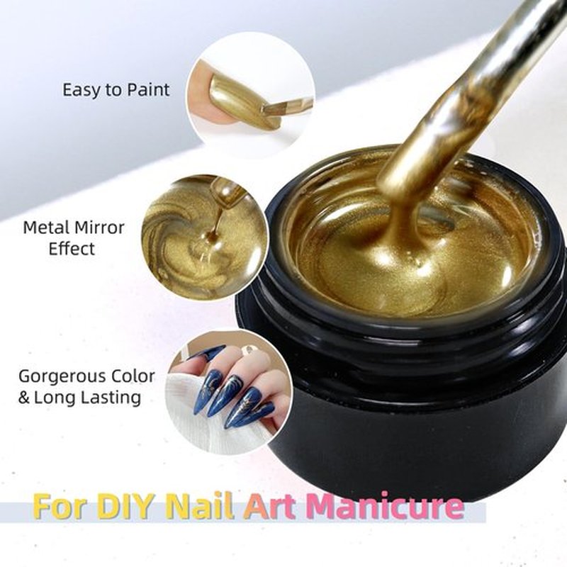 U-Shinein 8ml Metallic Golden 3D Metal Painting Gel Nail Polish, Mirror Finish, UV/LED Soak Off