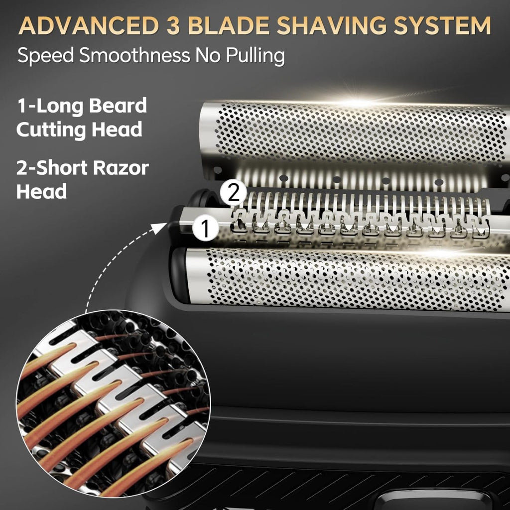 SilkGlow Electric Foil Shavers for Men, Cordless Electric Razor with 3 Floating Blades, Waterproof Foil Shaver for Face, LED Display USB-C Fast Charge, Portable Travel Shaver, Black