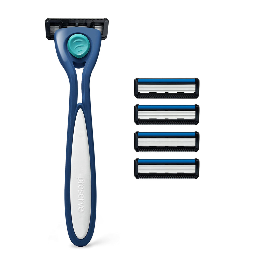 Preserve Shave 5 Five Blade Refillable Razor, Made from Recycled Materials, Navy Blue and Preserve Five Blade Replacement Cartridges Wave Edition (4 Count) Bundle