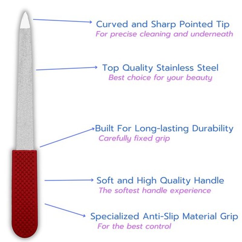 Professional Sapphire Nail File Ruby Red, 5" Stainless Steel, Double-Sided Metal File, Ergonomic Non-Slip Handle, for Natural, Gel, Acrylic Nails, Manicure & Pedicure Tool