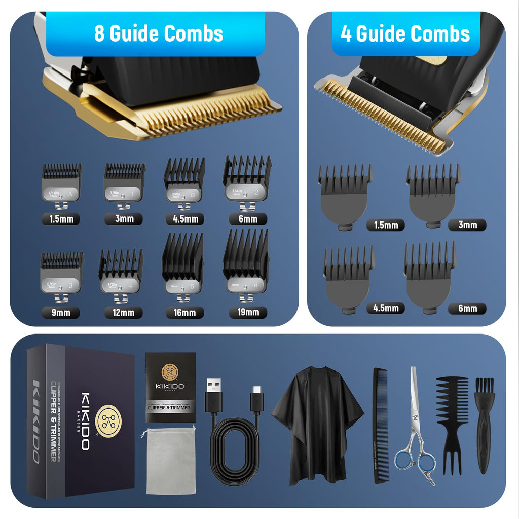 KIKIDO Hair Clippers for Men + T-Blade Trimmer Kit, Rechargeable Barber Trimmer with LCD Display & Guide Combs for Hair Cutting, Cordless Hair Clipper, Professional Clippers Set for Home Use