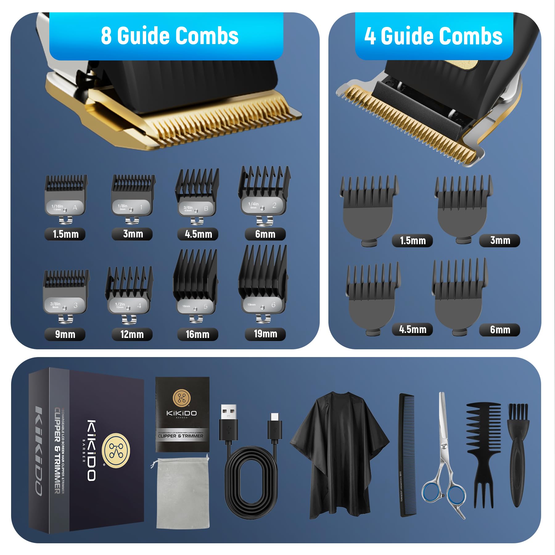 KIKIDO Hair Clippers for Men + T-Blade Trimmer Kit, Rechargeable Barber Trimmer with LCD Display & Guide Combs for Hair Cutting, Cordless Hair Clipper, Professional Clippers Set for Home Use