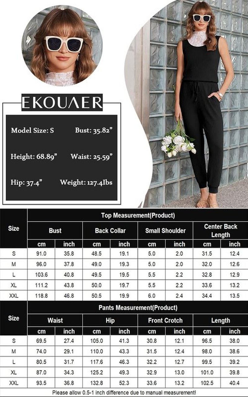 Ekouaer Jumpsuit for Women - Casual Summer Sleeveless Ribbed One-Piece Romper | Perfect for Vacation & Travel
