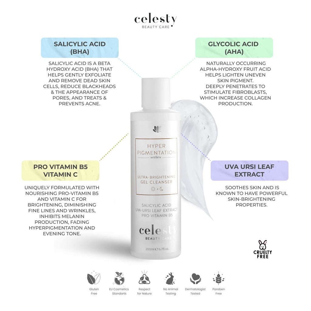 Celesty Beauty Brightening Glowing Face Wash, Facial Cleanser Gel, Vitamin C, Glycolic Acid (AHA), Salicylic Acid (BHA), Uva Ursi Leaf Extract Pro Vitamin B5 for Sensitive Smooth Skin Large 6.7 fl.oz.