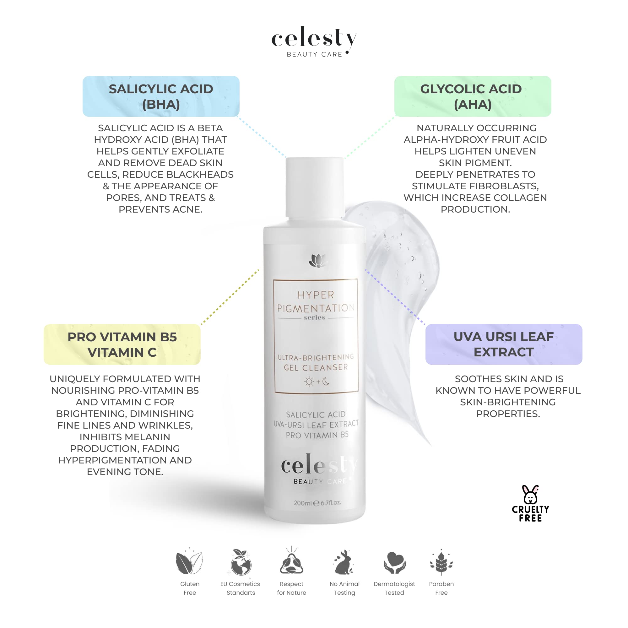 Celesty Beauty Brightening Glowing Face Wash, Facial Cleanser Gel, Vitamin C, Glycolic Acid (AHA), Salicylic Acid (BHA), Uva Ursi Leaf Extract Pro Vitamin B5 for Sensitive Smooth Skin Large 6.7 fl.oz.