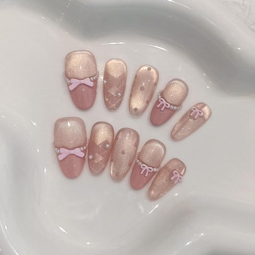 TENPAL Cute Sweet Handmade Press on Nails Almond,Ballet Butterfly Cat Eye Nude Pink Ombre French Tips Fake Nails with Tools, Reusable Spring Polka Dot Bow Pearl False Nails for Women 10pcs(M)