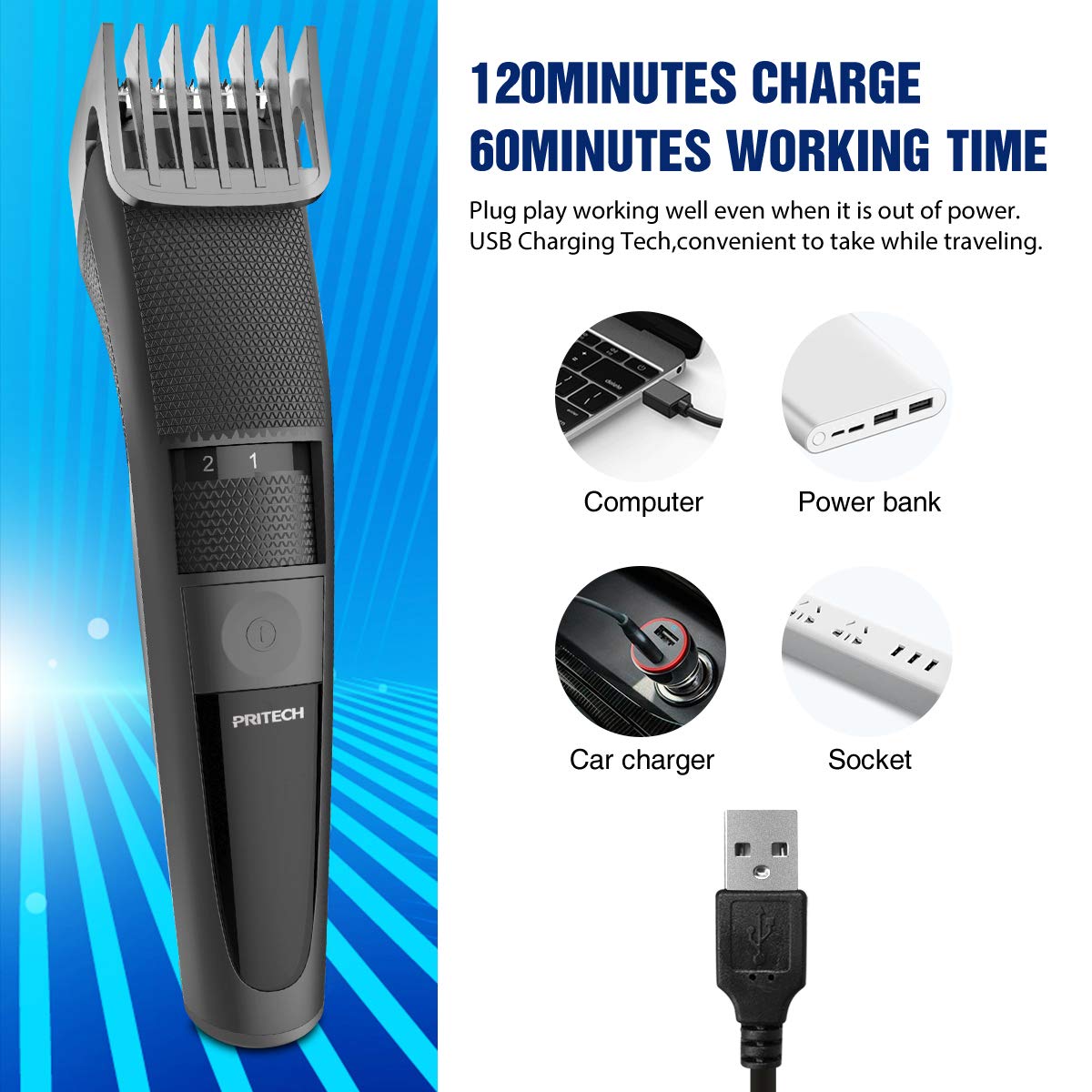 PRITECH Electric Hair Clipper Cordless Beard Trimmer for Men Professional Barber Clippers, Hair Clipper with Comb Attachment and 20 Adjustable Settings, Washable Black
