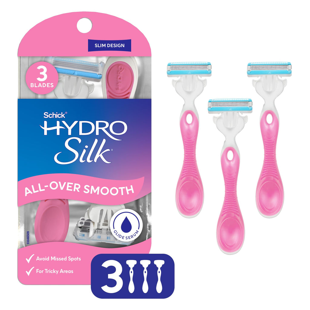 Schick Hydro Silk All-Over Smooth 3-Blade Disposable Razors for Women, 3ct | Travel Essentials, Ladies Razors, Shaver for Women, Slim Design, Avoid Missed Spots, 3ct