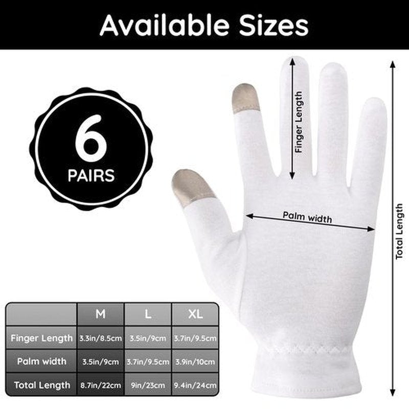 Segbeauty 12pcs Touchscreen Fingers Moisturizing Gloves, 6 Pairs Hand Gloves Moisturizing Overnight with Elastic Band for Women and Men, White Cotton Gloves Overnight Sleeing for Work Dry Hands Medium