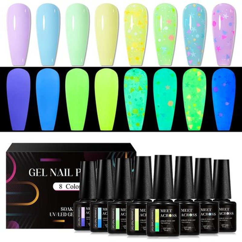 MEET ACROSS 8Pcs Glow in the Dark Gel Nail Polish Set, Macaroon Glows in the Dark Nail Polish Blue Green Yellow Purple Glow Effect Candy Sequins Gel Polish Manicure Holiday Gift