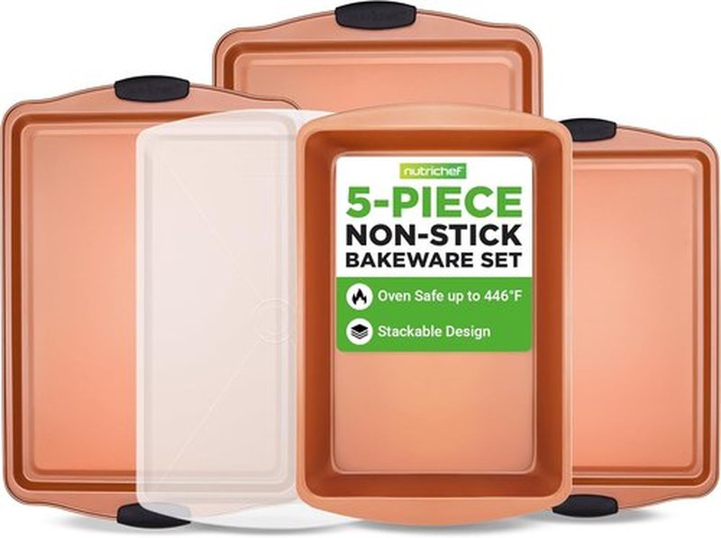 NutriChef 5-Piece Non-Stick Bakeware Set - Premium Carbon Steel Pans with Silicone Handles for Cookies & Roasting