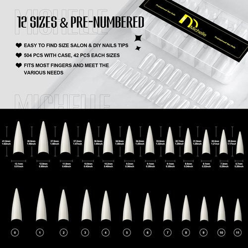 Michelle Stiletto False Nails Tips 504pcs XL Stiletto Press on Nails Pre-shape Fake Gel Nail Tips for Half Cover Nails False Nails with 12 Sizes For Nail Extension Home DIY Nail Salon Gelly Tips