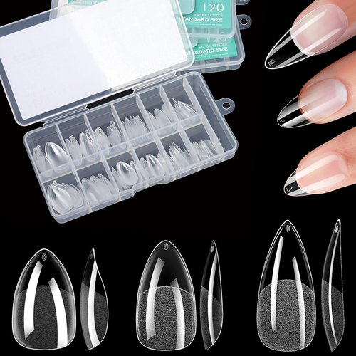 Soft Gel Short/Medium/Long Almond Nail Tips Kit 3 Boxes 360Pcs, Full Cover Pre-etching Acrylic False Nails for Small and Flat Nail Bed Home Manicure Extension DIY Salon Clear Press On Nails, BlueZOO