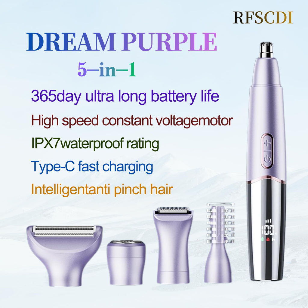 RFSCDI 5-in-1 Rechargeable Nose & Eyebrows Hair Trimmer - IPX7 Waterproof Dual Edge Grooming Kit for Men & Women, Perfect for Hair Removal of Nose, Facial, Arm, Bikini, and Ear Hair (Purple)