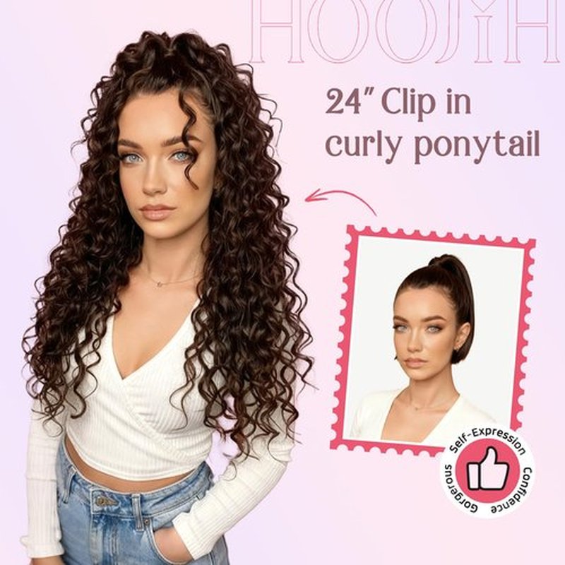 HOOJIH Ponytail Extension, Clip in Ponytail 24 Inch Hair Extension Curly Wavy Ponytail Fluffy Soft Synthetic Fiber Hair Pieces for Women - Dark Brown with Light Auburn