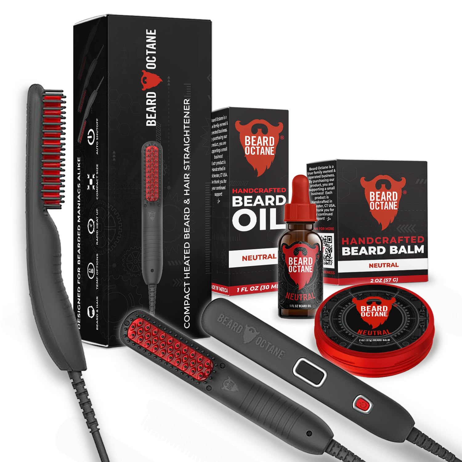 Beard Straightener for Men (Corded) – Ceramic Heated Brush Kit with Beard Oil & Unscented Beard Balm – Smooths & Styles Beards – Beard Octane