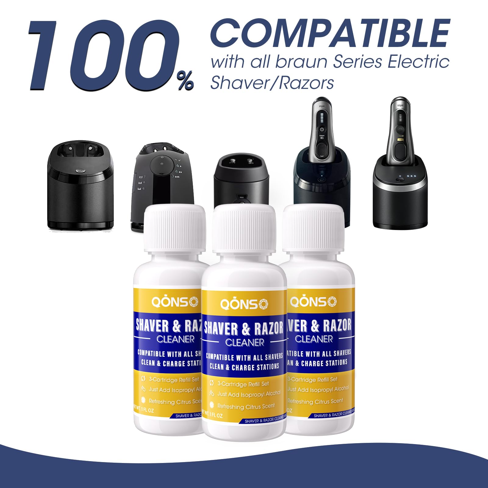 Electric Shaver Cleaning Solution - Electric Razor Cleaner，Compatible With Braun Cleaning Solution & Renew Refill Cartridges - Clipper Blade Cleaner - 3 Bottles, Makes 9 Refills
