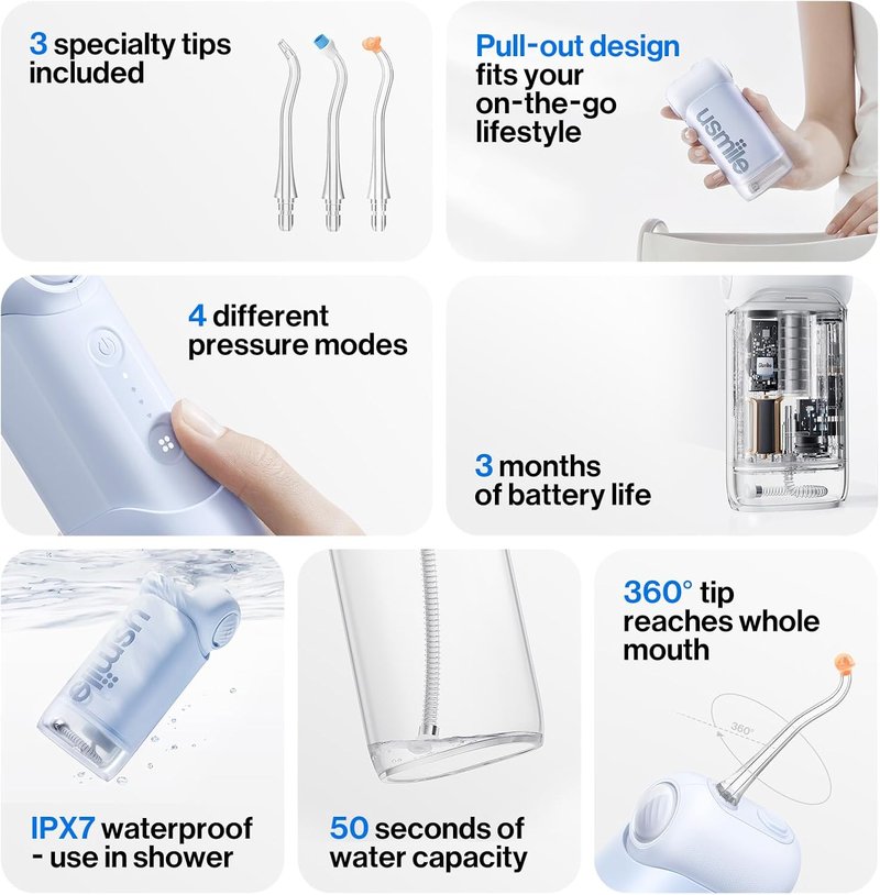 Usmile C10 Portable Water Flosser - Travel-Friendly Design, 95-Day Battery Life, 4 Modes, 180ml Tank, IPX7 Waterproof (Blue)