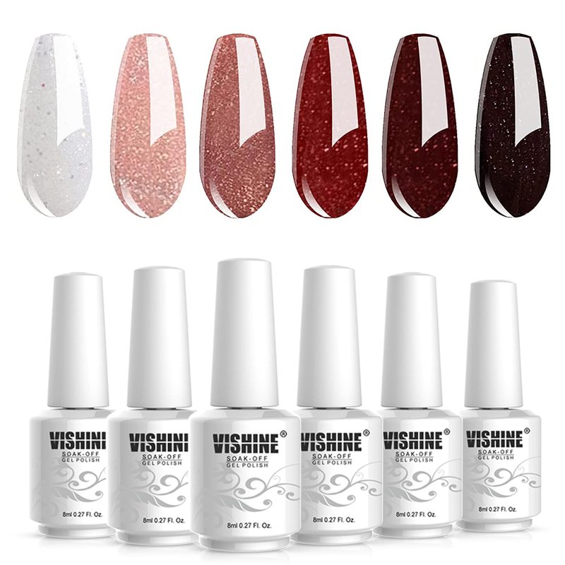 Vishine Gel Nail Polish Set, Dark Red Burgundy Red Glitter Misty Pink Gel Polish Soak Off UV Nail Lamp LED Cured, Nail Art Design for Christmas New Year Holiday Gifts 8ml