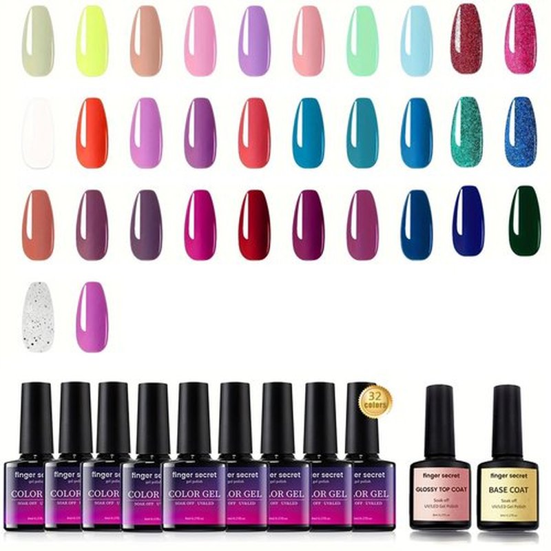 finger secret 32 Color Gel Nail Polish Set, Full Colors Necessary Professional Nail Art DIY Tools, 8ml each Lasting and Durable Soak Off Gel/UV Gel Nail Polish Ideal for Nail Salon or Home DIY
