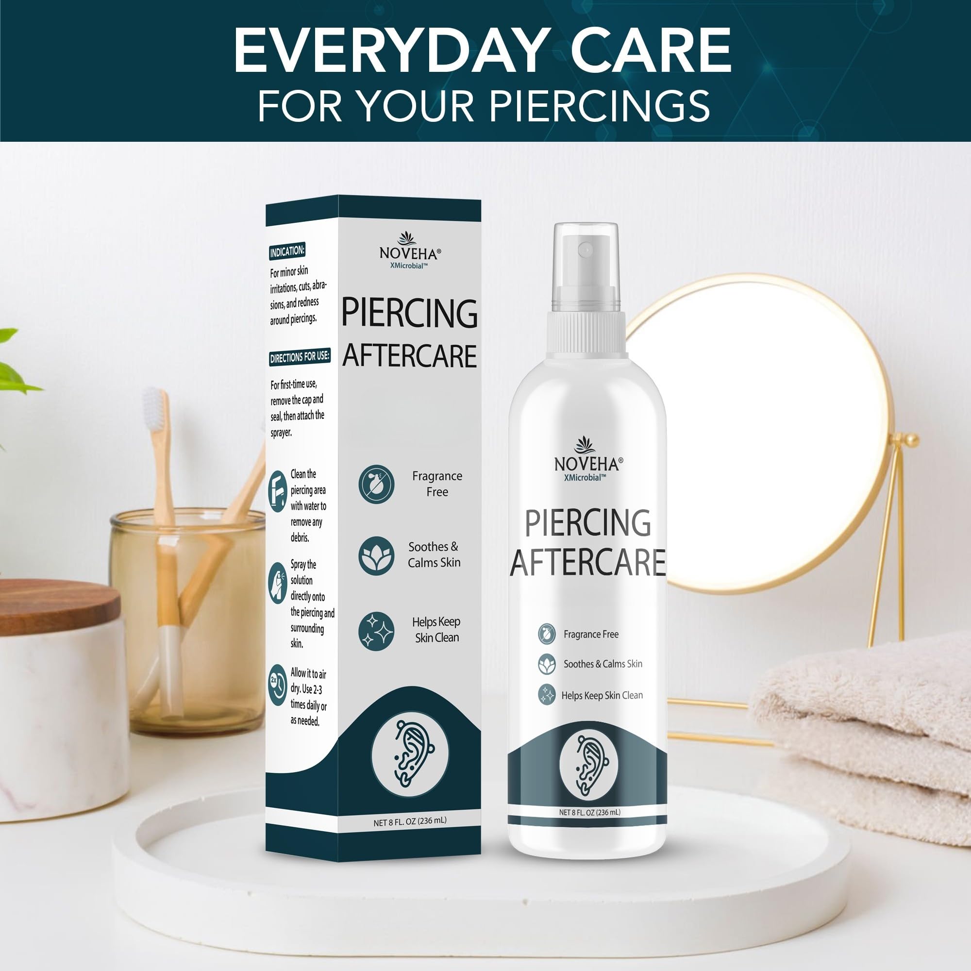 NOVEHA Piercing Aftercare Spray - Fast Cleaner Solution for Ear, Nose, and Belly Piercings - Keloid and Bump Cleaning with Hypochlorous Acid - 8 oz Bottle