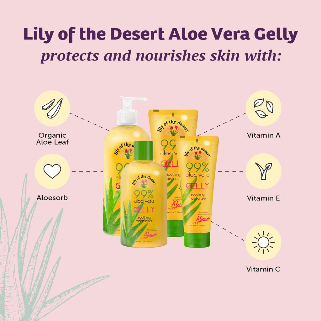 Lily Of The Desert Gelly Moisturizer - 99% Organic Aloe Vera Gel for Skin, After Sun Care with Aloe, Vitamin E Oil, and Vitamin C for Sunburn Relief, 12 Fl Oz